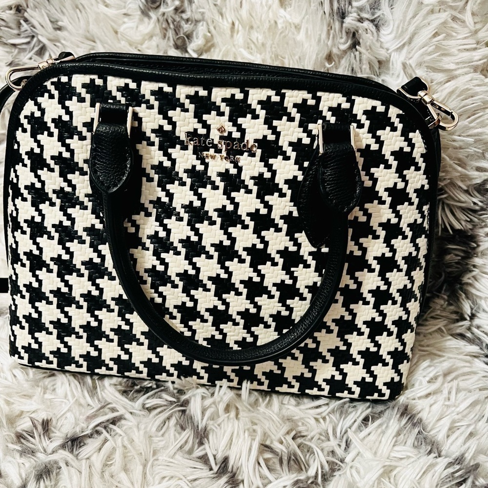Kate Spade Darcy Woven Small Satchel & Large Slim Bifold Wallet In Houndstooth - Picture 5 of 7
